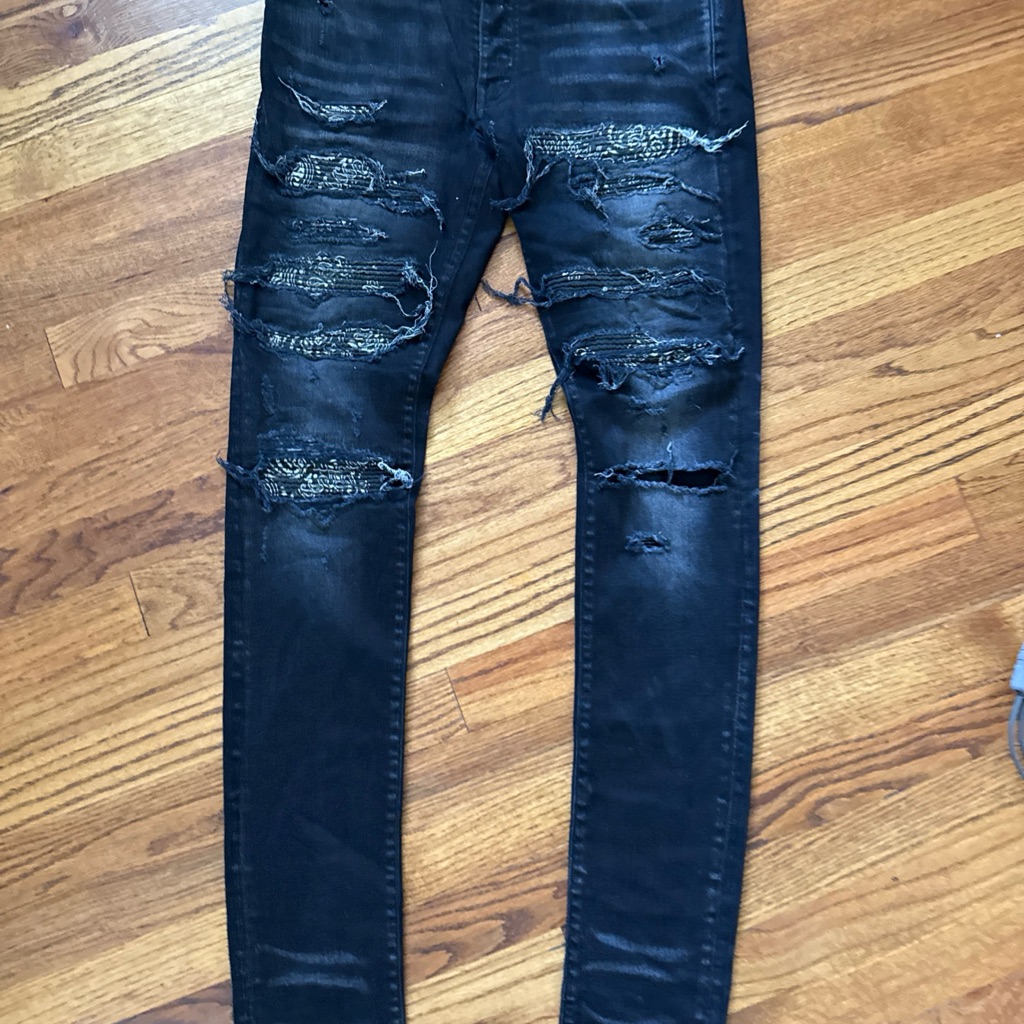 Amiri Mx1 Skinny Fit Panel Distressed Black Bandana Jeans Size 30(32) X 34 C24